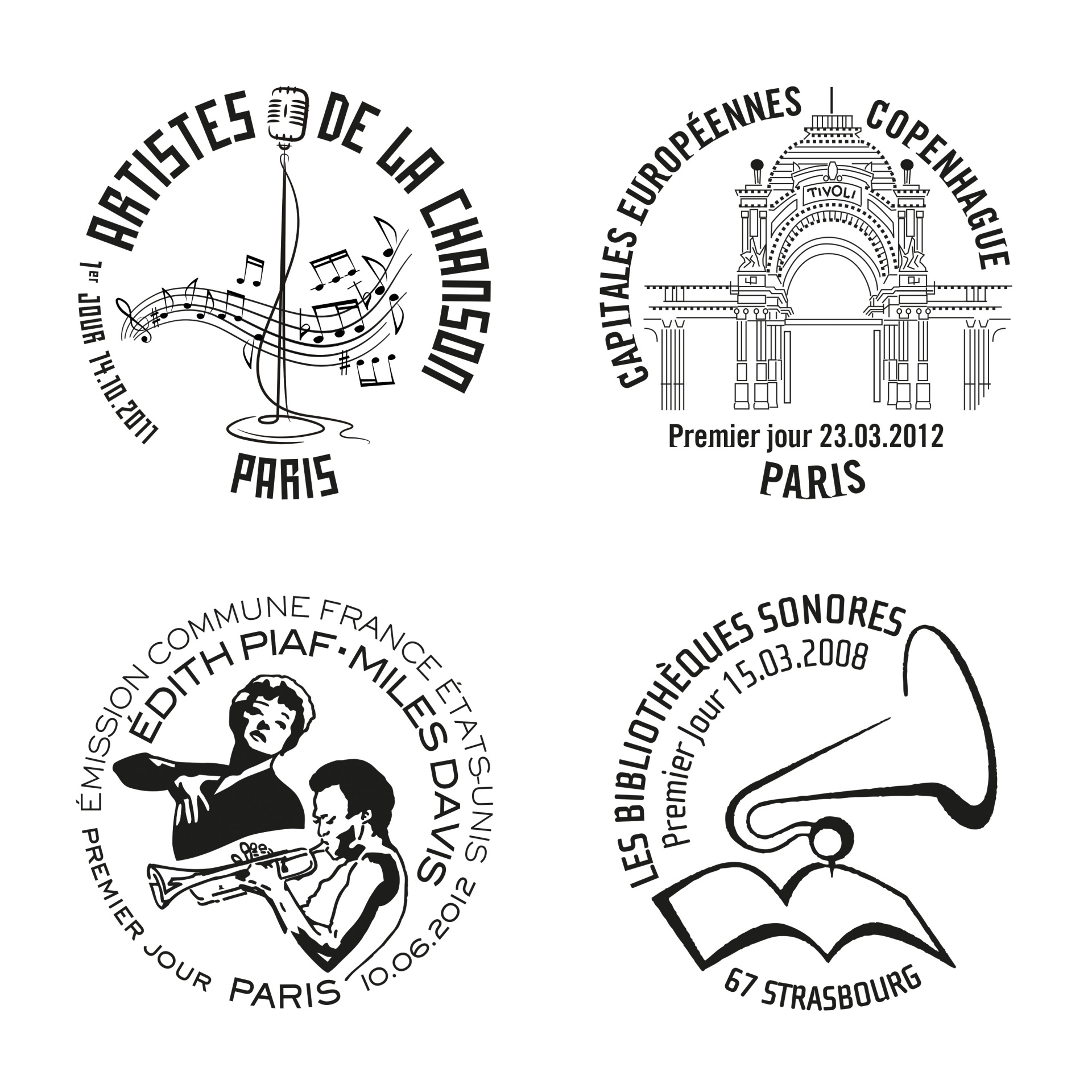 des illustrations très stylisées pour les cachets postaux qui accompagnent les timbres pour LA POSTE