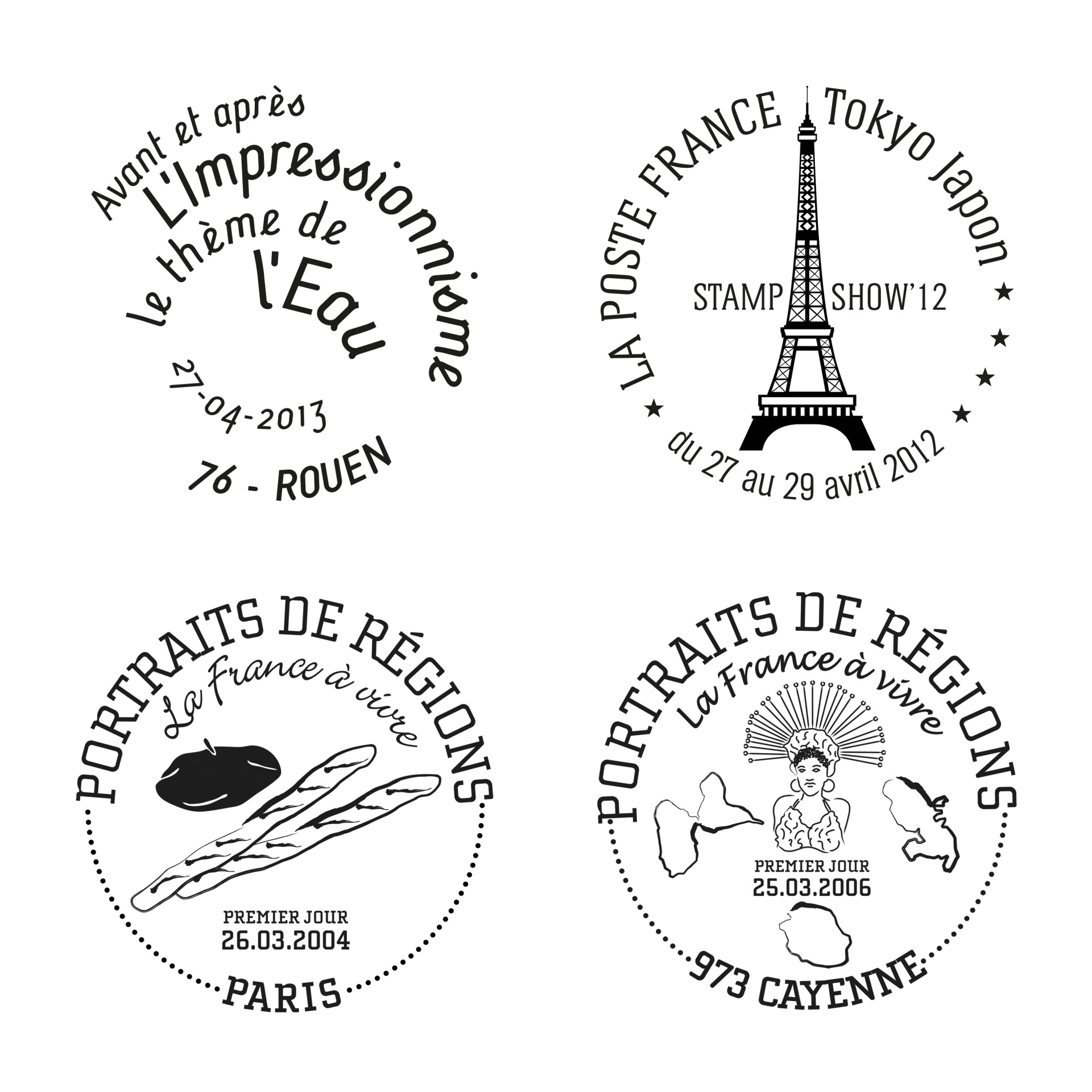 des illustrations très stylisées pour les cachets postaux qui accompagnent les timbres pour LA POSTE