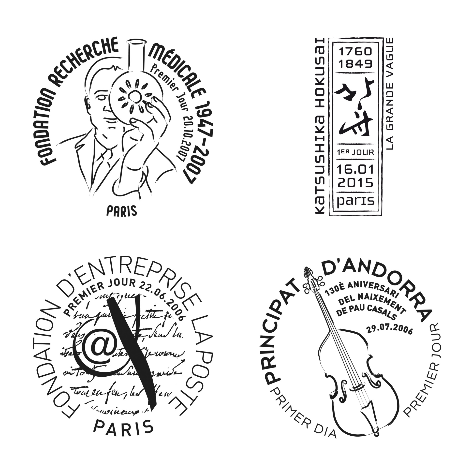 des illustrations très stylisées pour les cachets postaux qui accompagnent les timbres pour LA POSTE